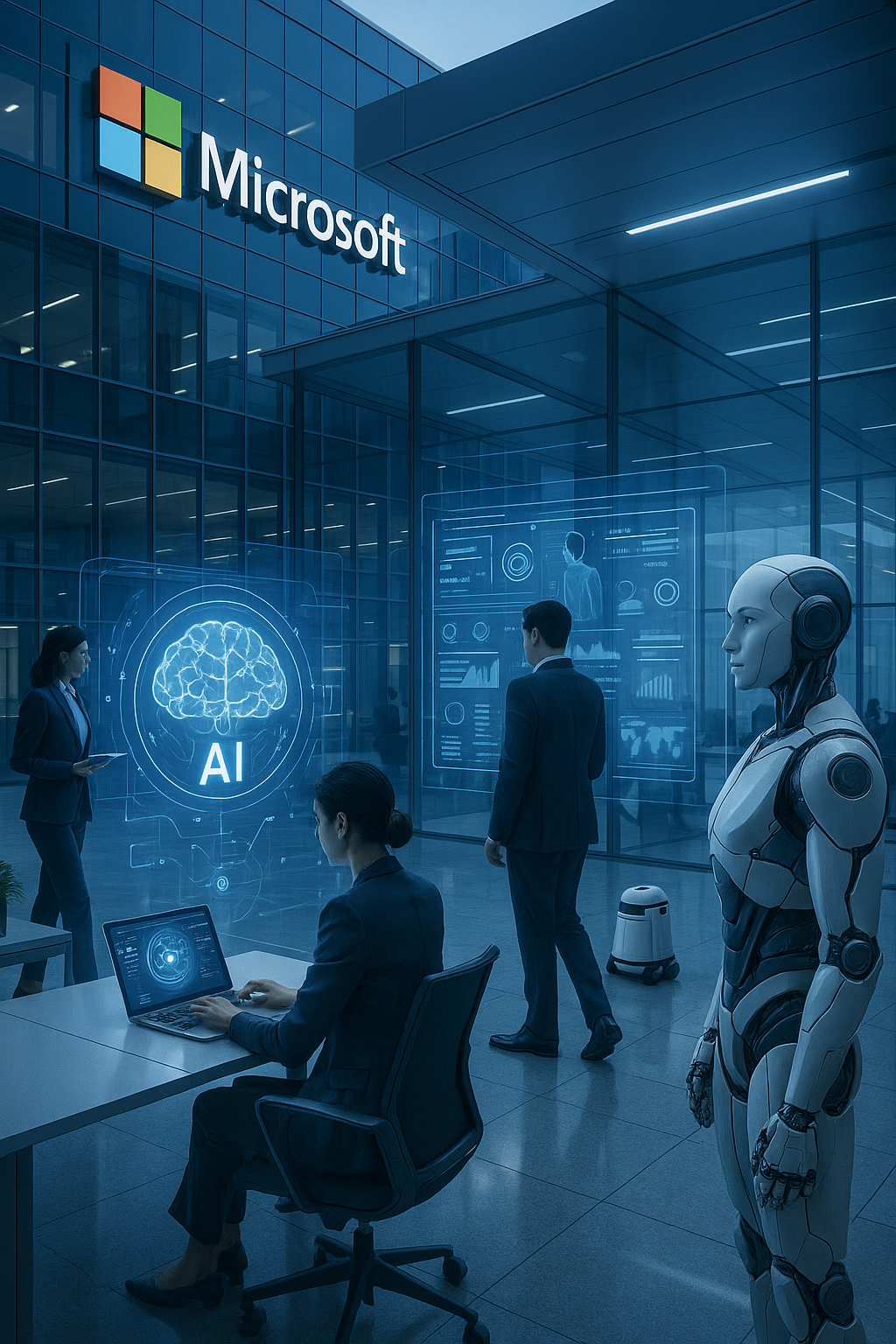 Microsoft AI-powered workplace transformation showing futuristic office with holographic interfaces and automation
