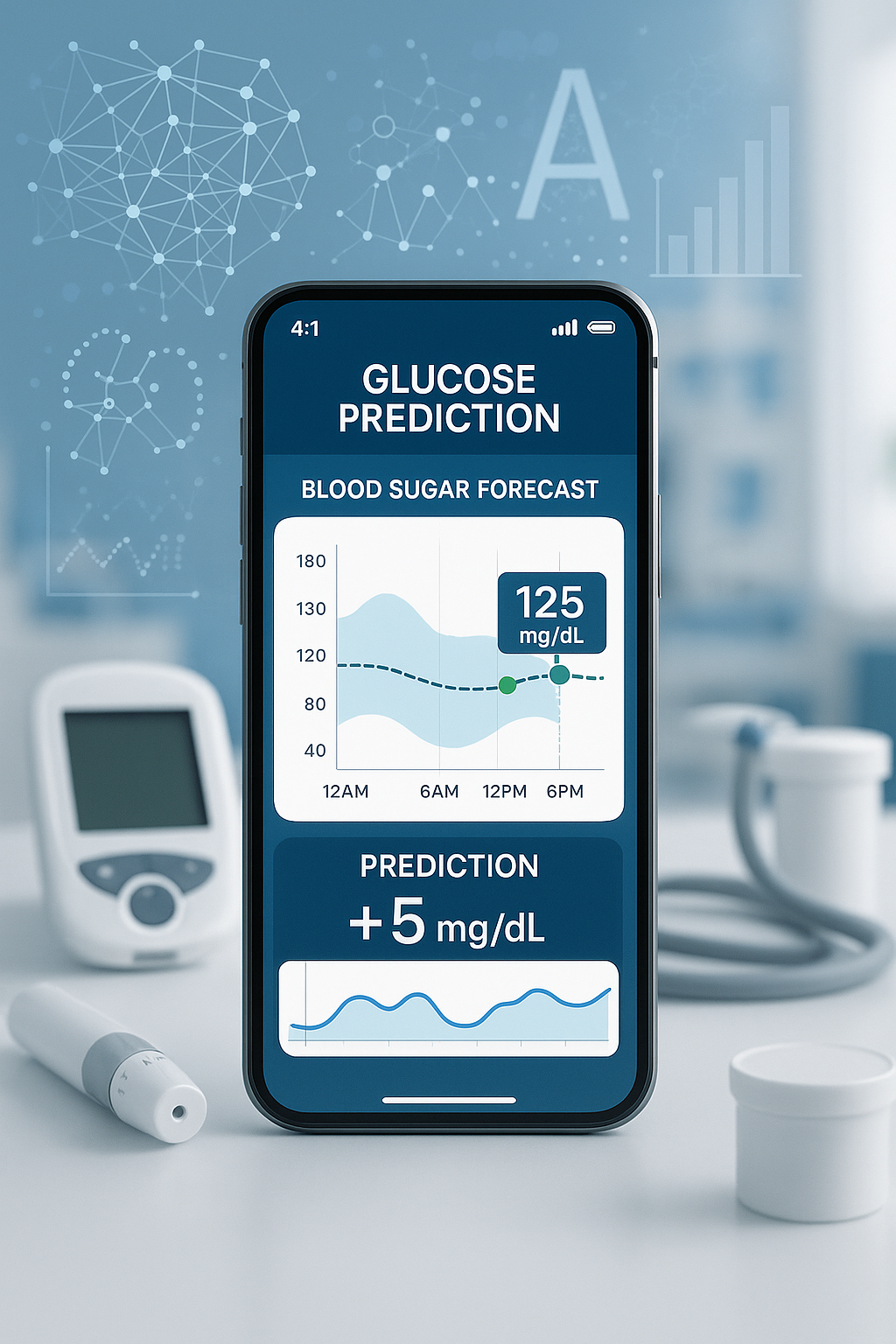 AI-powered diabetes management app showing glucose prediction interface with medical technology