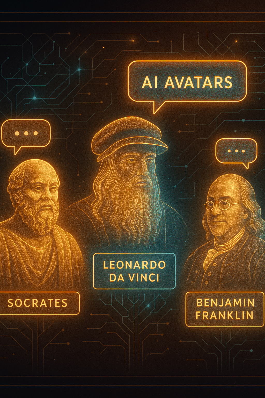 AI avatars of historical figures like Socrates and Leonardo da Vinci in an interactive educational interface