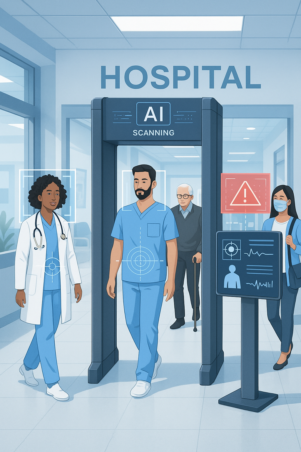 Modern hospital entrance with AI-powered security screening system and digital monitoring displays