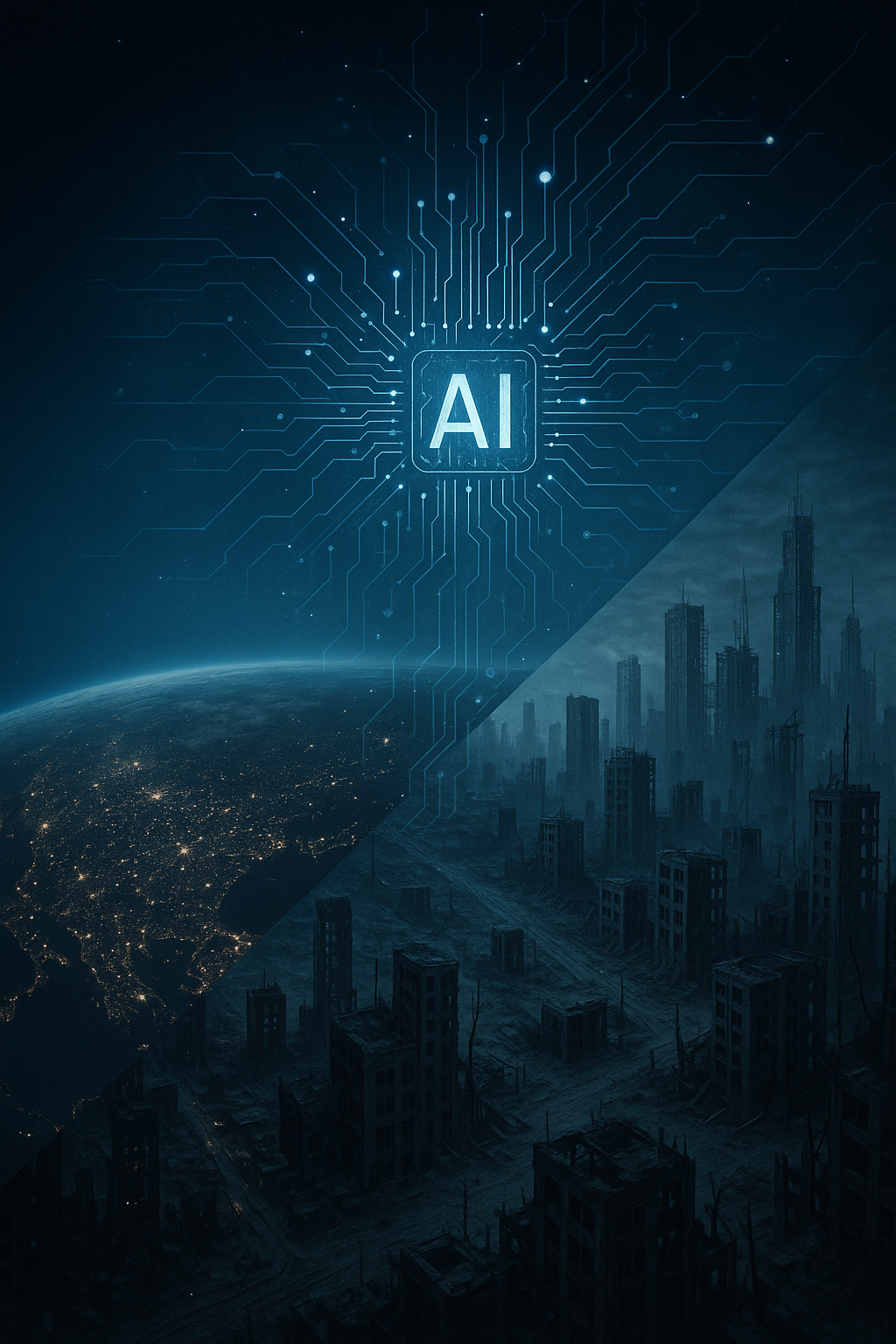 Dramatic visualization of Earth showing contrast between current cities and dystopian future with AI impact