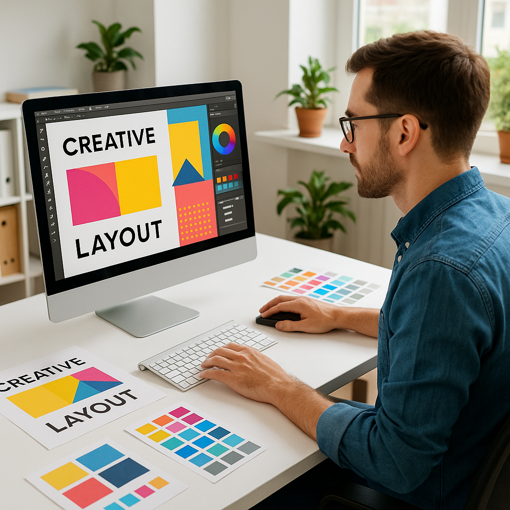 Professional graphic designer working on creative layouts