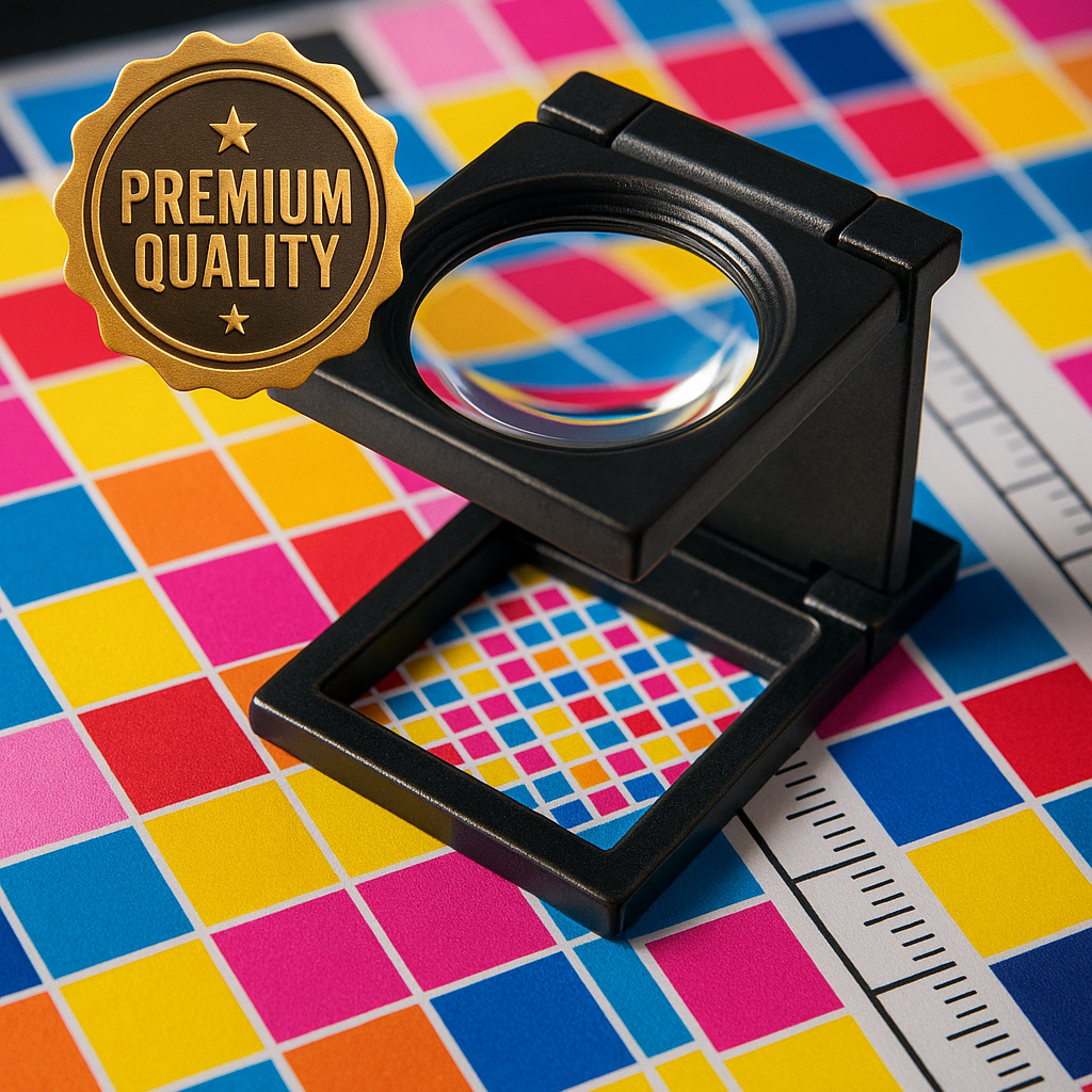 Quality assurance with magnifying glass on printed materials