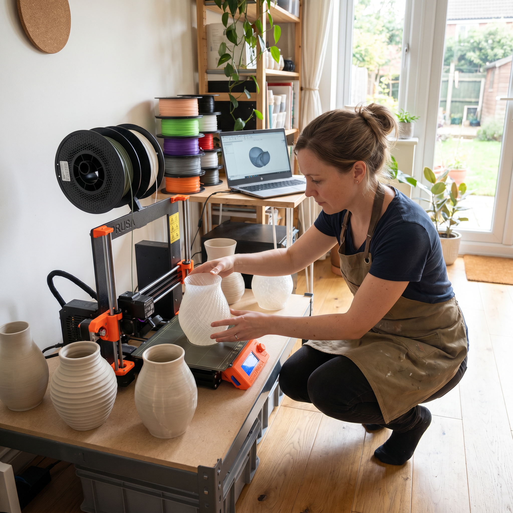 Simon at the 3D printing workspace crafting floral vases